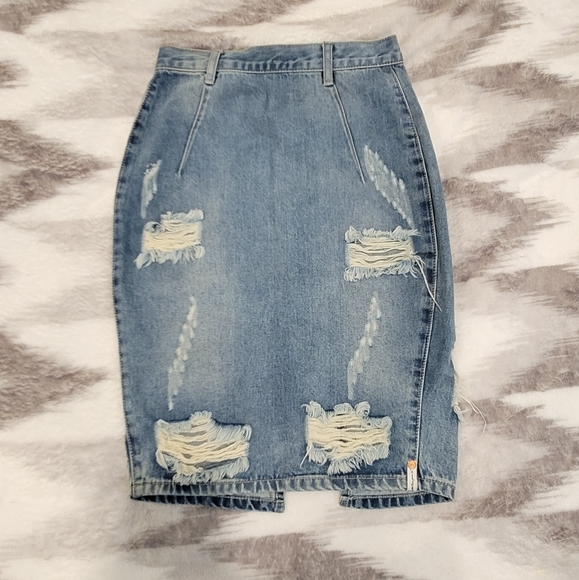 One Teaspoon Denim High Rise Mini Back Slit Distressed Skirt 27 - Picture 2 of 7